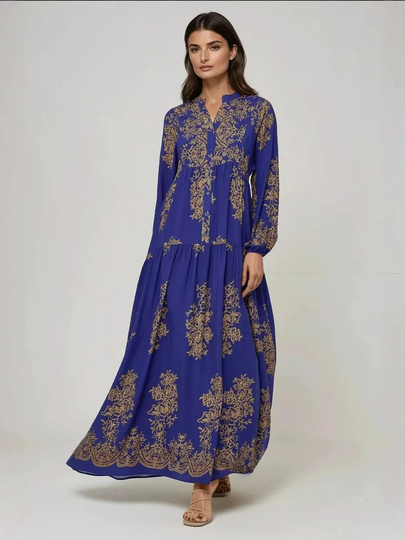 زوبعة فستان ماكسي فيسكون مطبوع بياقة قميص