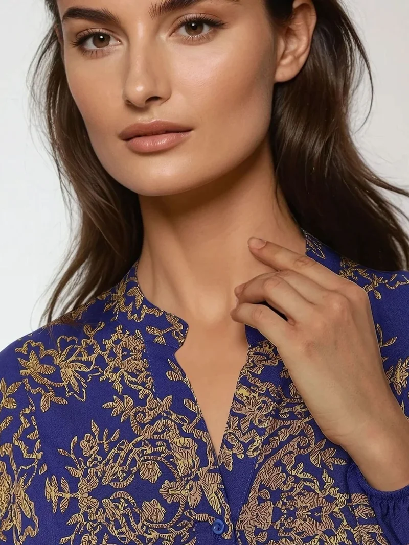 HICCUP Moroccan Blue Printed Viscon Maxi Dress with Shirt Collar for Women | Best Price UAE