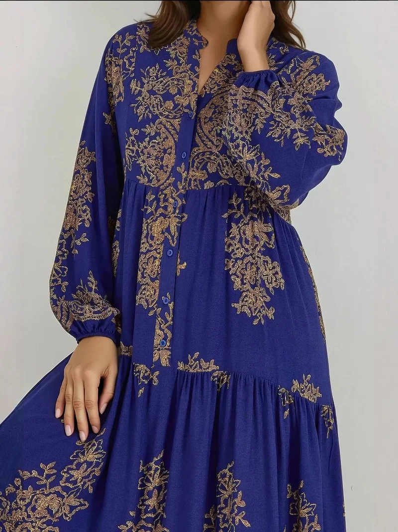 HICCUP Moroccan Blue Printed Viscon Maxi Dress with Shirt Collar for Women | Best Price UAE