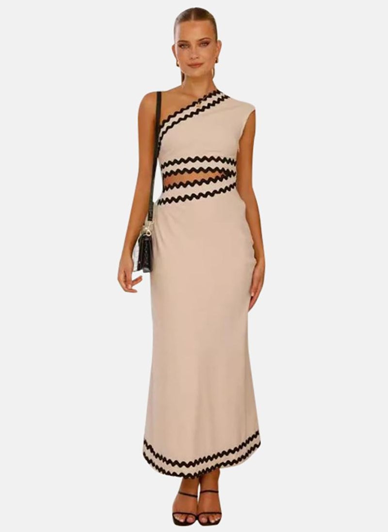 يونيكي Beige One Shoulder Chiffon Bodycon Midi Dress - Image 1