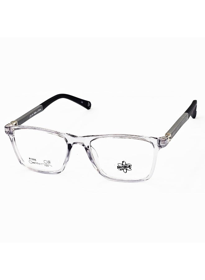 Kids’ unisex prescription eyeglasses crafted from premium TR-90 material, offering exceptional lightness, flexibility, and comfort for everyday use. The design features a modern transparent frame combined with uniquely styled temples — grey in the front half and black in the back half — for a trendy and stylish look. Comfortable and safe for long wear, these glasses are compatible with all types of prescription lenses.