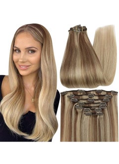 Full Shine Clip In Hair Extensions Real Human Hair Balayage Blonde Human Hair Extensions Clip Ins Golden Blonde Mix 16 Dirty Blonde Fading To 16 Blonde Silky Straight 7 Pcs 16 Inch  - Image 1