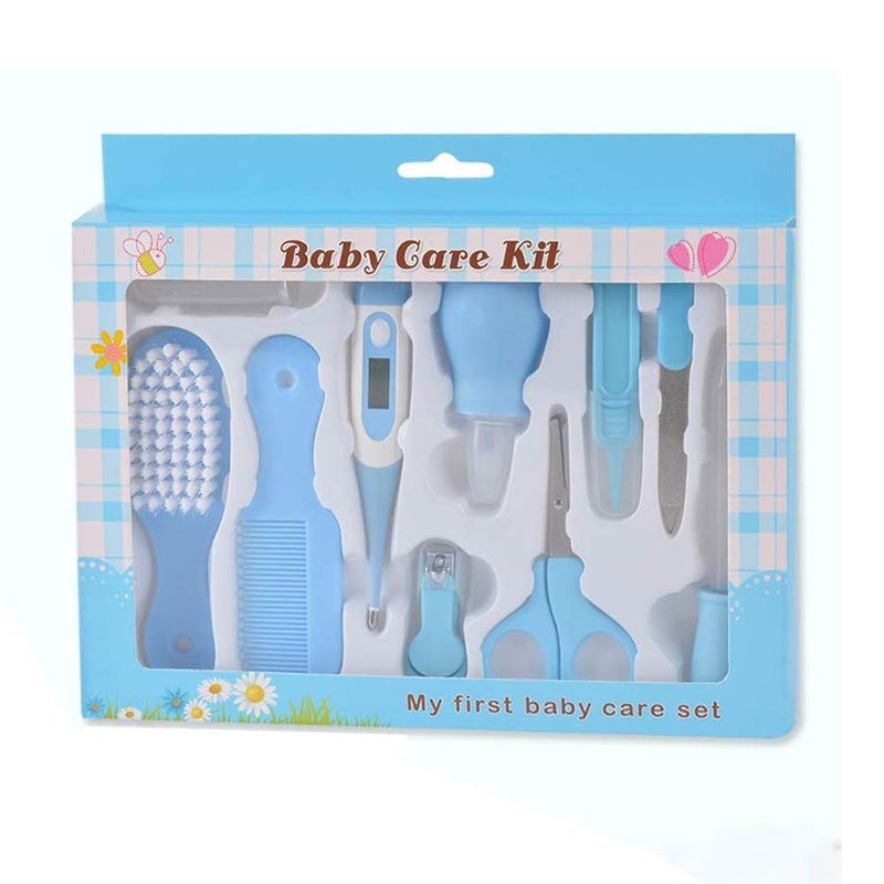 TEEROVA Baby Grooming Kit 10pcs Newborn Nursery Health care Set Baby Nail Clipper File Scissor Tweezer Thermometer Brush Comb (Blue) - Image 1