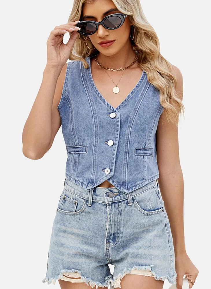 YUNIQEE Blue V Neck Plain Top