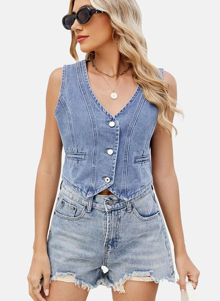 YUNIQEE Blue V Neck Plain Top