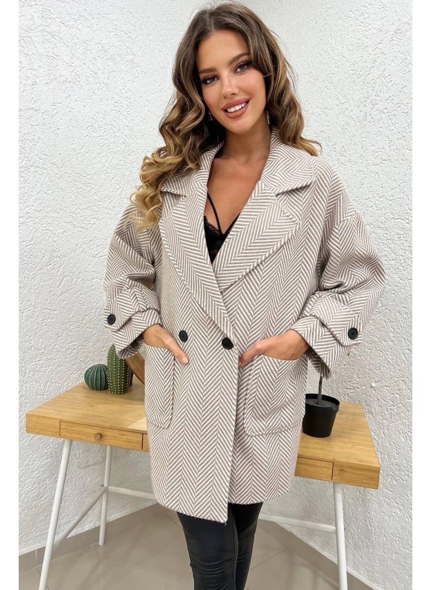 Tena Women's Ecru Oversize Coat with Single Button External Pocket Sleeve Epaulettes  - Image 2