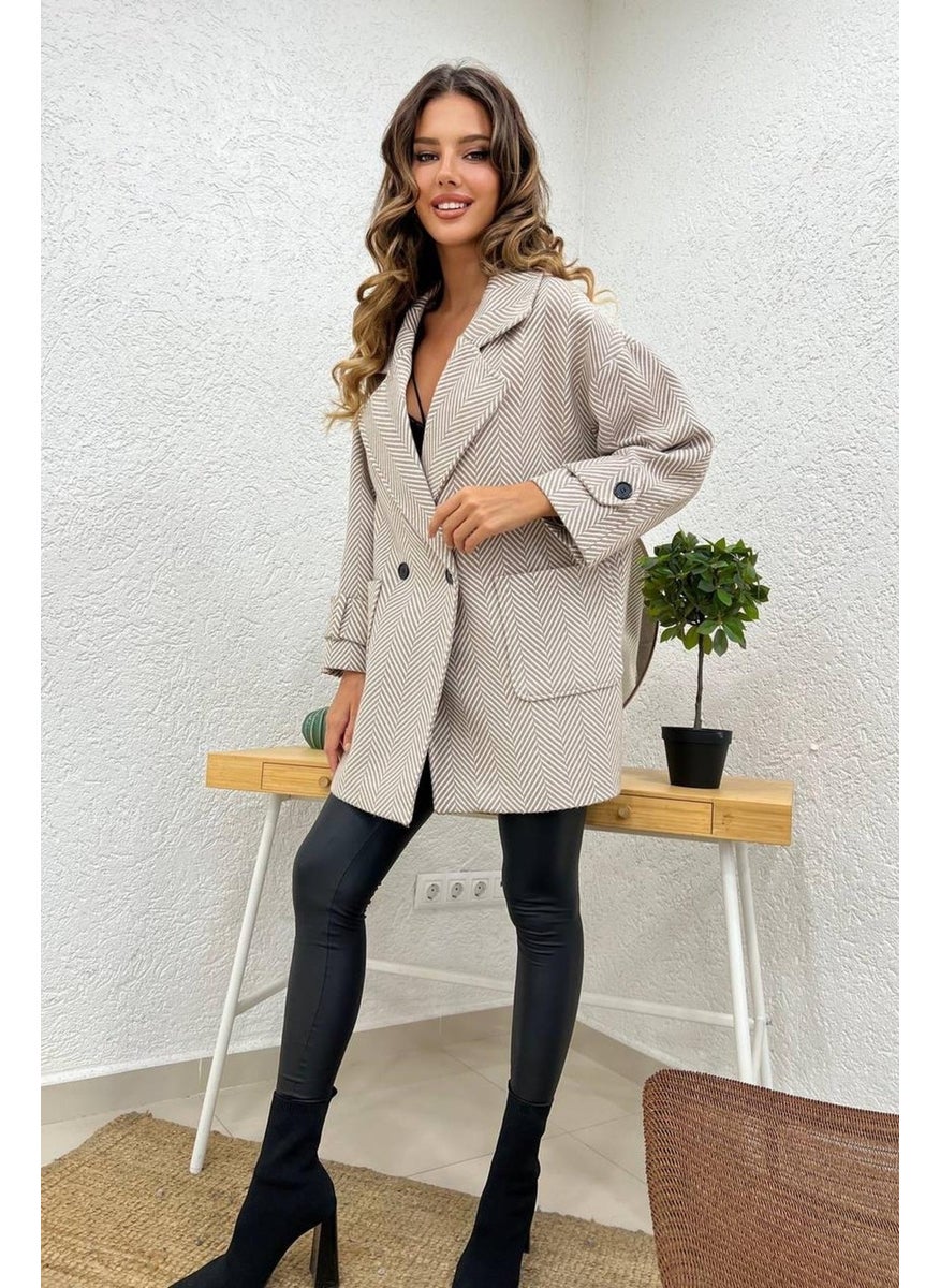 Tena Women's Ecru Oversize Coat with Single Button External Pocket Sleeve Epaulettes  - Image 3