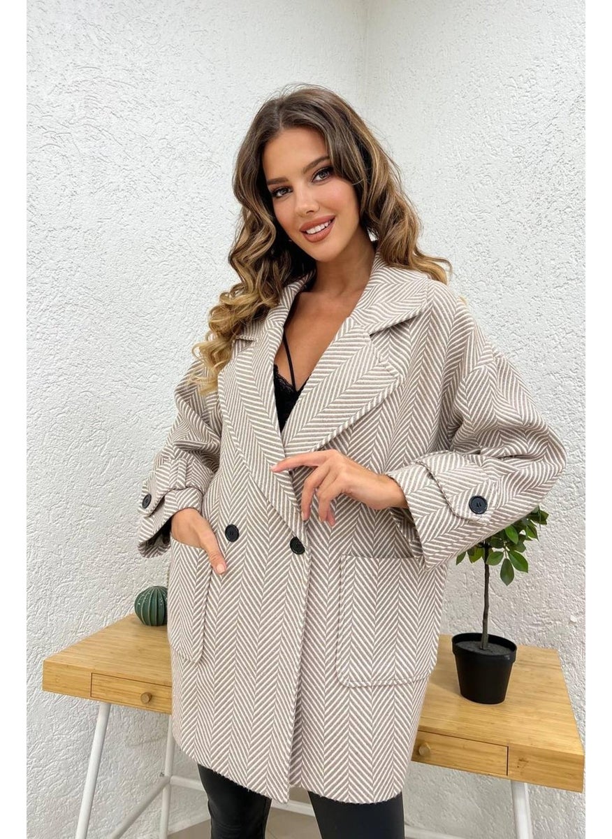 Tena Women's Ecru Oversize Coat with Single Button External Pocket Sleeve Epaulettes  - Image 1