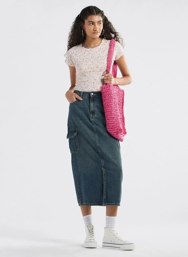 Splash FAV All-Over Floral Detail Crew Neck T-shirt with Short Sleeves