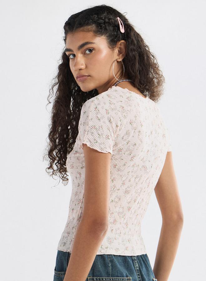 سبلاش فيڤ تيشيرت بياقة ضيّقة وأكمام قصيرة وتفاصيل زهرية - Image 3