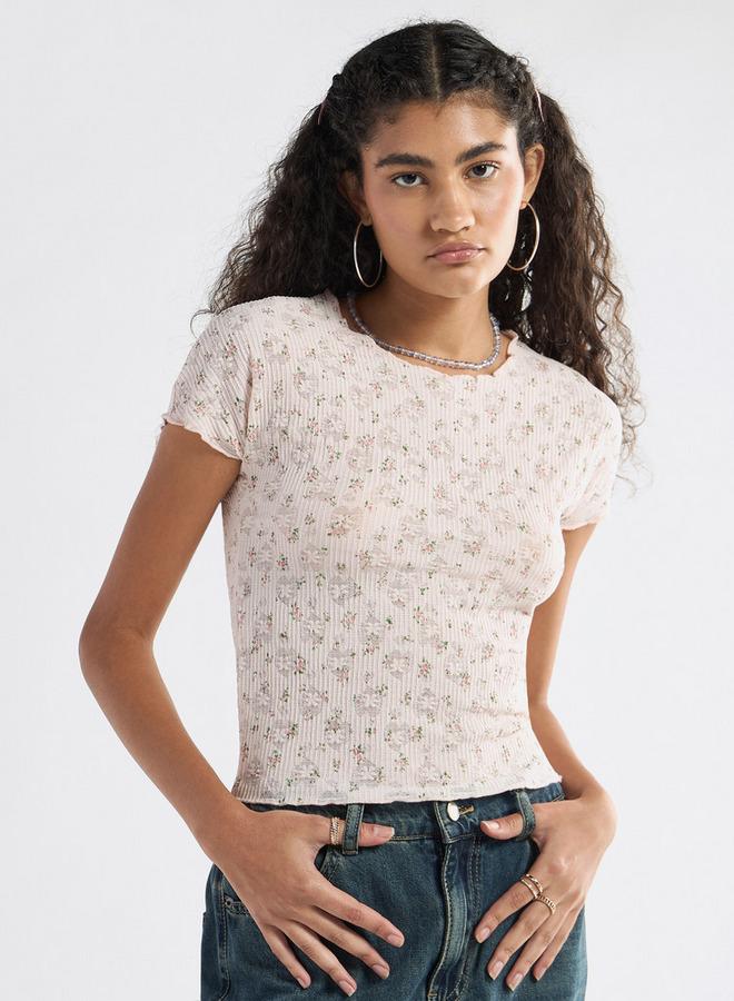 سبلاش فيڤ تيشيرت بياقة ضيّقة وأكمام قصيرة وتفاصيل زهرية - Image 1