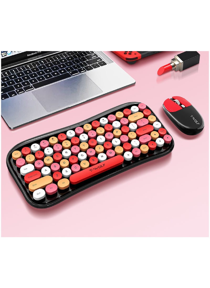 T-WOLF Wireless Keyboard and Mouse 2.4G Keyboard Wireless With Colorful 68 Keys Typewriter Retro Round Keycap For PC Laptop Tablet Computer Windows Black  - Image 3