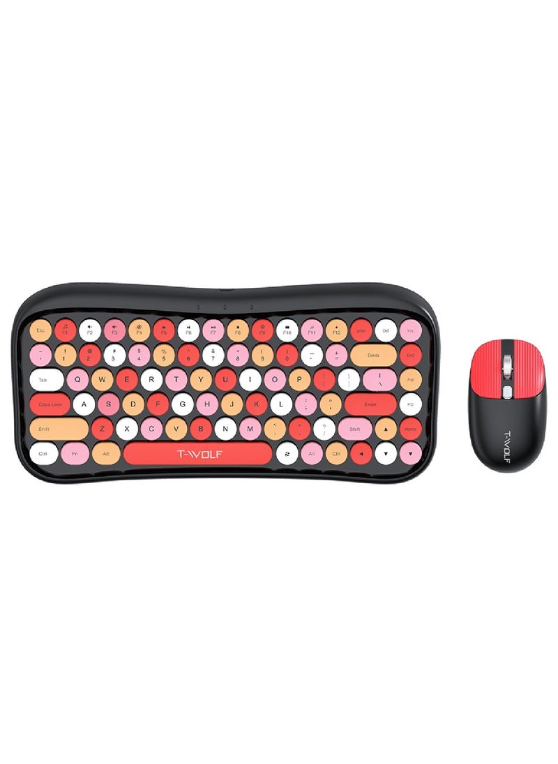 T-WOLF Wireless Keyboard and Mouse 2.4G Keyboard Wireless With Colorful 68 Keys Typewriter Retro Round Keycap For PC Laptop Tablet Computer Windows Black  - Image 1