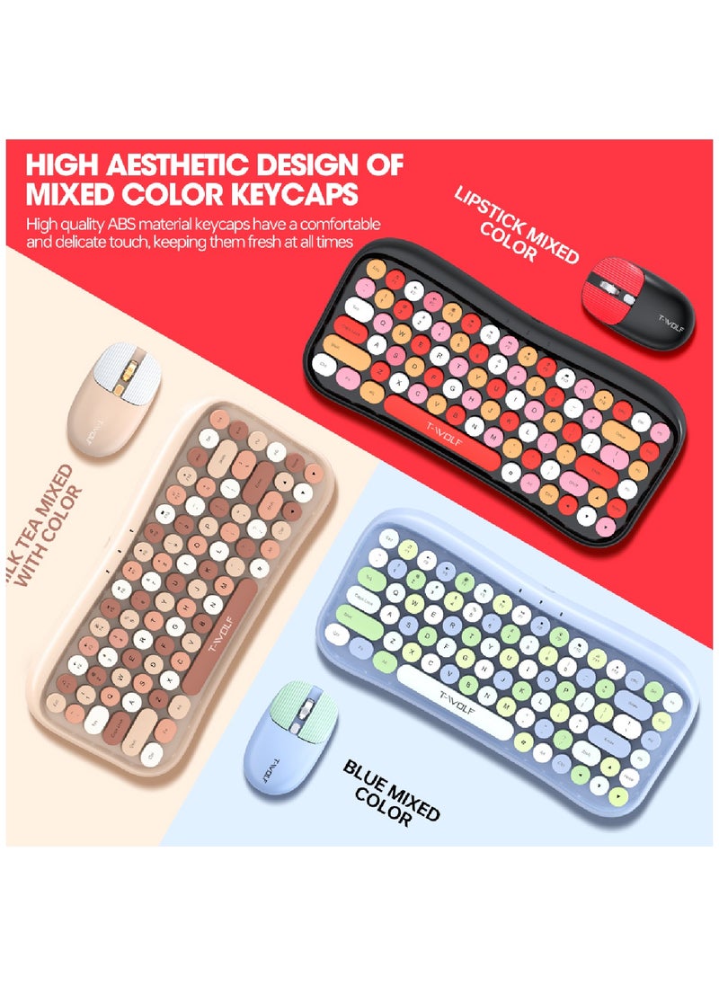 T-WOLF - Wireless Keyboard and Mouse 2.4G Keyboard Wireless With Colorful 68 Keys Typewriter Retro Round Keycap For PC Laptop Tablet Computer Windows Black - Image 1