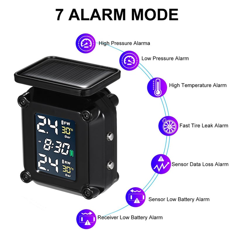 Tire Pressure Monitoring System Solar Charging Waterproof Motorcycle Tyre Alarm with Large Color LCD Screen 2 External Sensors - Image 4