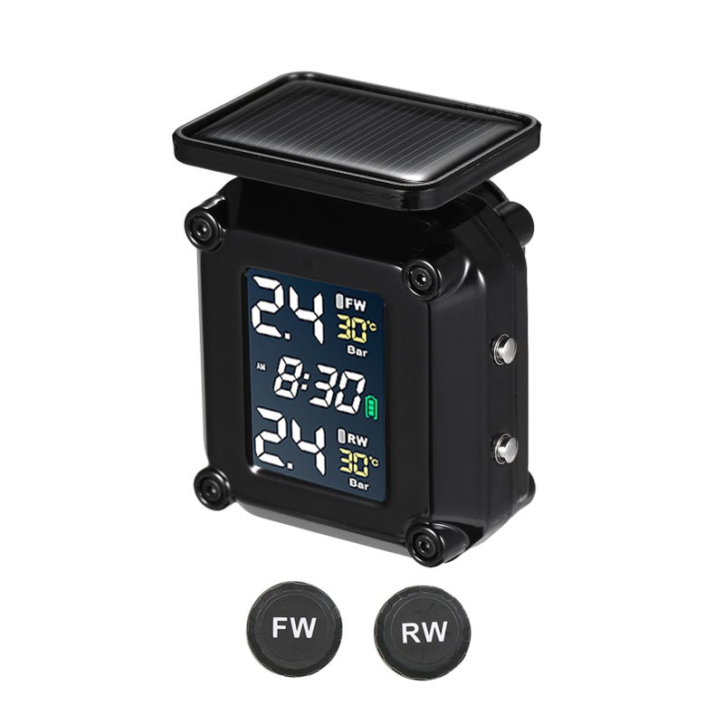Tire Pressure Monitoring System Solar Charging Waterproof Motorcycle Tyre Alarm with Large Color LCD Screen 2 External Sensors - Image 1