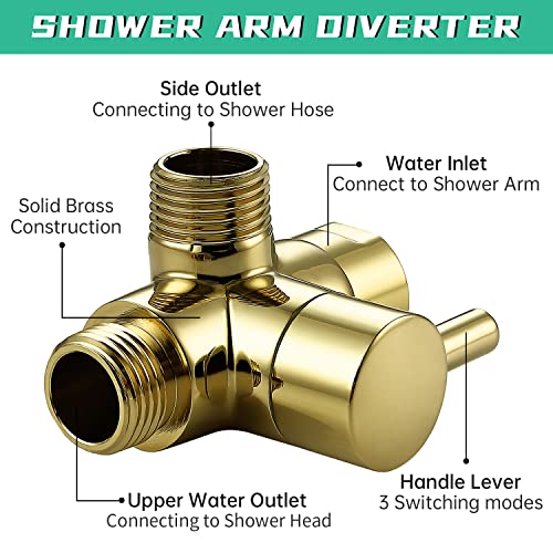 V-Sincerity All Metal Shower Arm Diverter, G 1/2 3 Way Diverter Valve for Hand Held Showerhead and Fixed Spray Head (Polished Brass) - Image 3