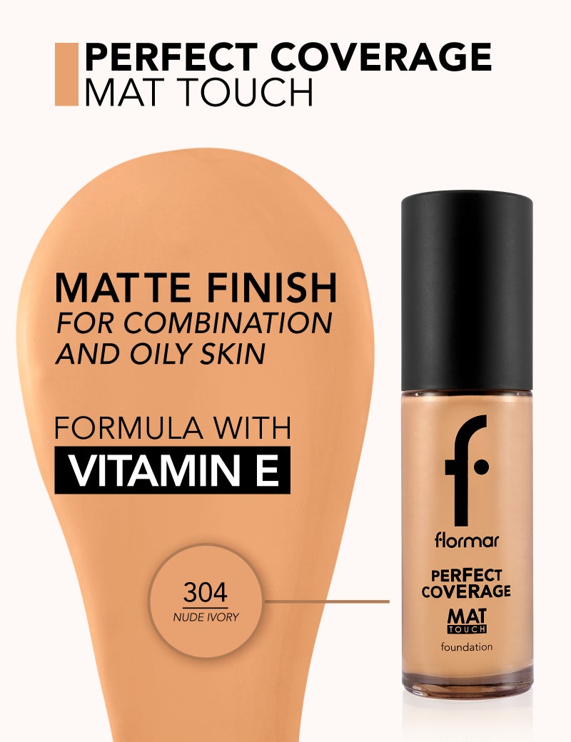 فلورمار Perfect Coverage Mat Touch Foundation – 304 Nude Ivory – Matte Finish Foundation, Oil-Control Effect, High Coverage Look, Smooth Skin Appearance 304-NUDE IVORY NP - Image 3