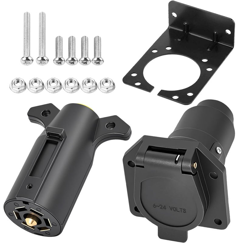 CXTM 7 Way Trailer Connector 7 Pin Trailer Wiring Harness Connector with Mounting Bracket Trailer Side 7 Pin Adapter PlugVehicle Side 7 Way Blade Trailer Socket Connector for RV Boat