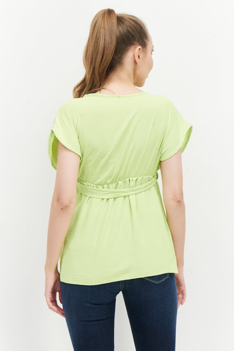 boohoo Women V-Neck Short Sleeve Pleated Top, Lime Green - Image 4