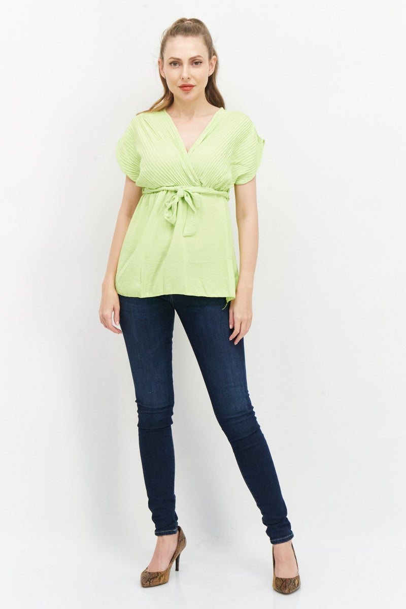 boohoo Women V-Neck Short Sleeve Pleated Top, Lime Green - Image 2