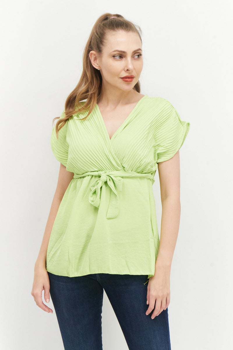 boohoo Women V-Neck Short Sleeve Pleated Top, Lime Green - Image 1