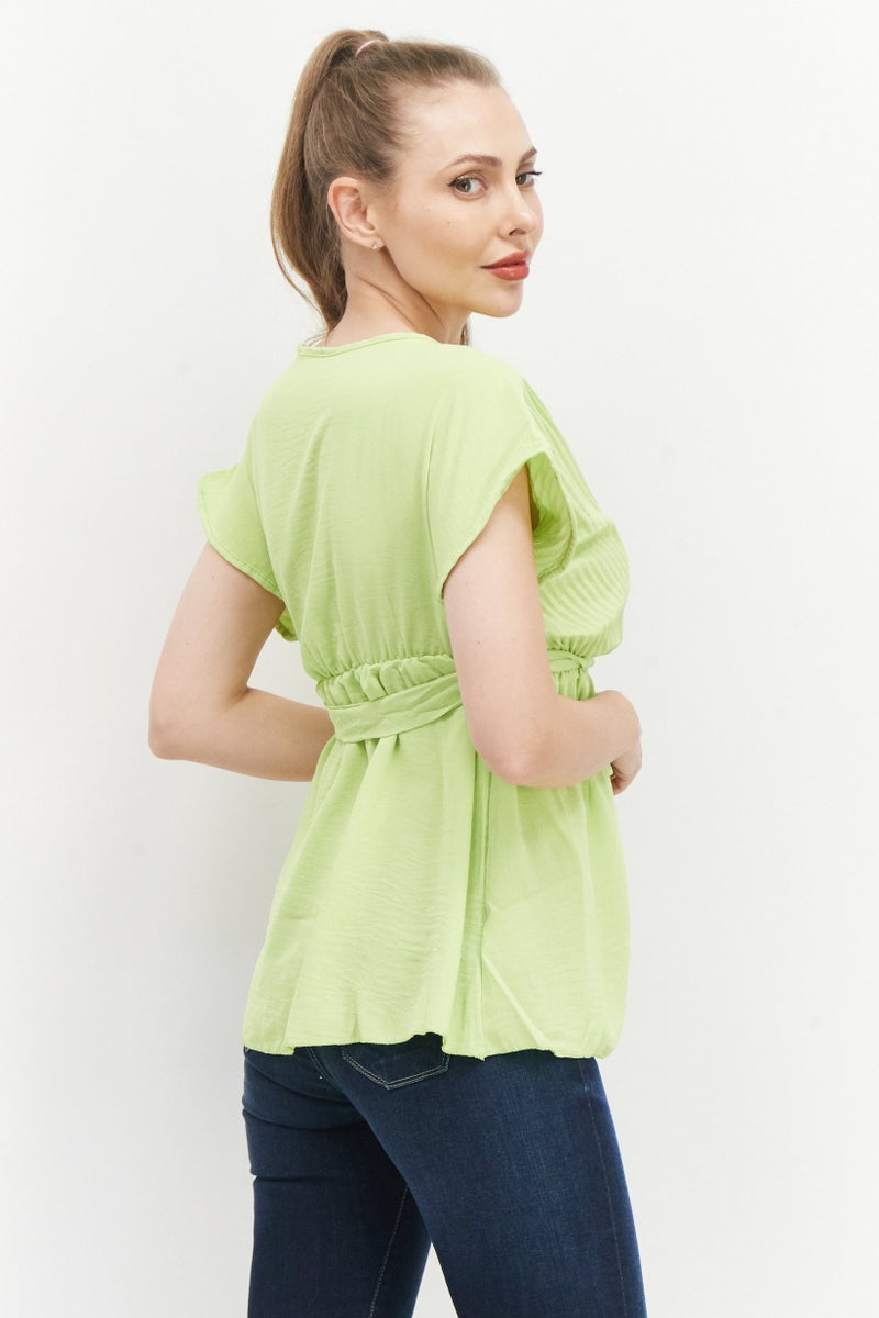 boohoo Women V-Neck Short Sleeve Pleated Top, Lime Green - Image 3