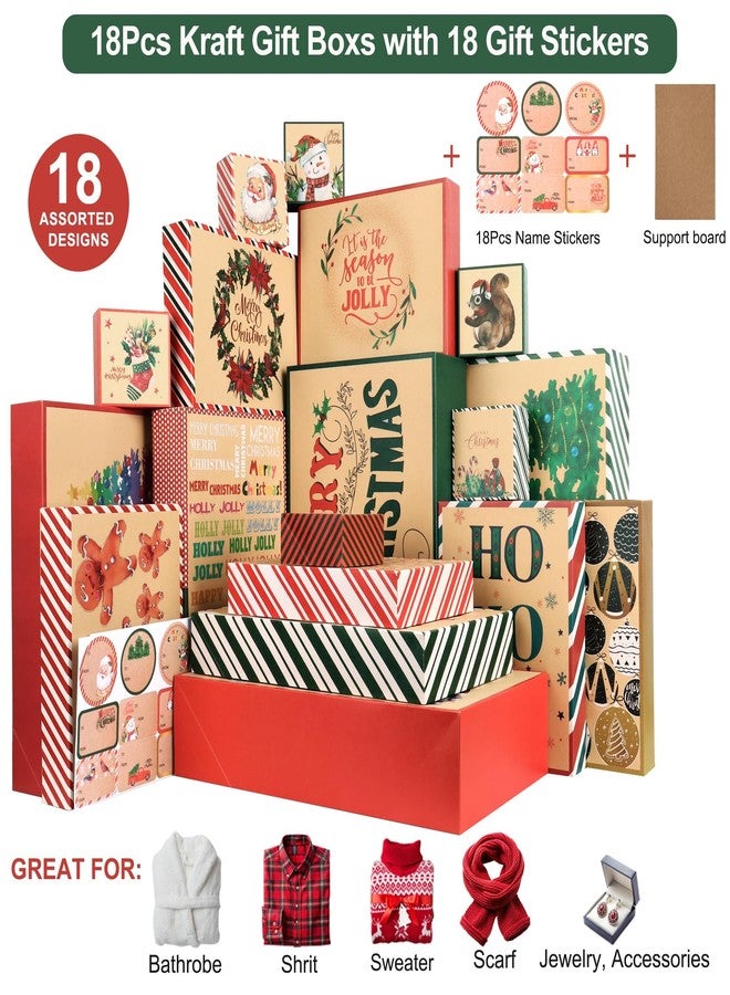 POPGIFTU 18-Pack Kraft Christmas Boxes with Lids – 4 Sizes & 18 Festive Designs, Bulk Xmas Boxes for Presents with Tag Stickers, Reusable Holiday Gift Wrap Set for Christmas Wrapping & Packaging - Image 4