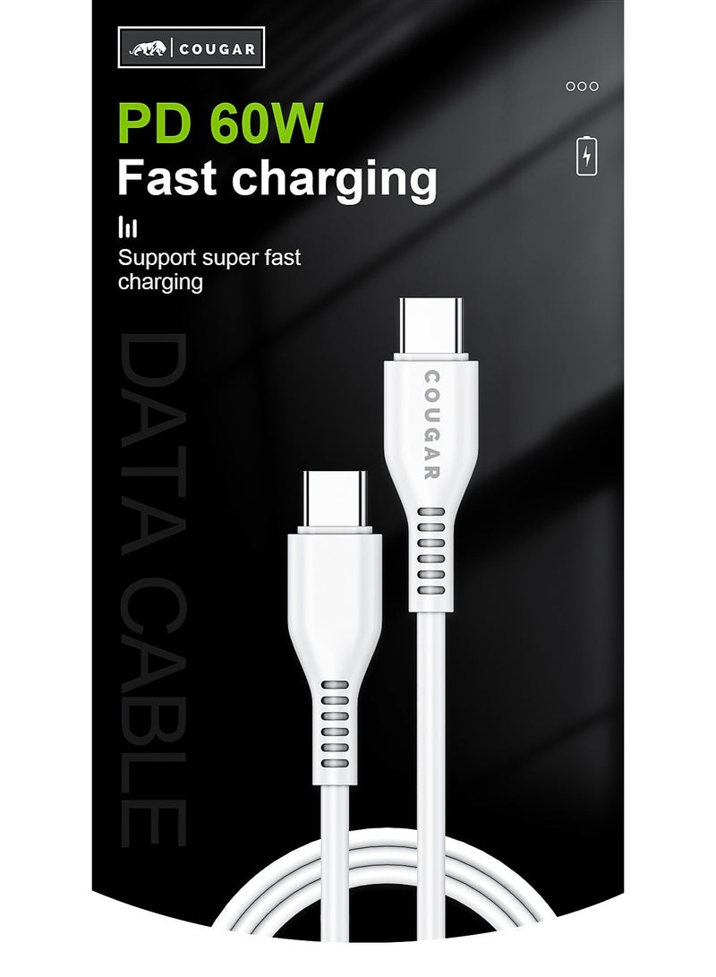 Cougar 60W  Type C to Type C Cable, PD Type C Fast Charging and Data Transfer Cable with Smart Chip, Durable PVC Cable for Compatible Smartphones, Tablets and Laptops, 1m, White - Image 1