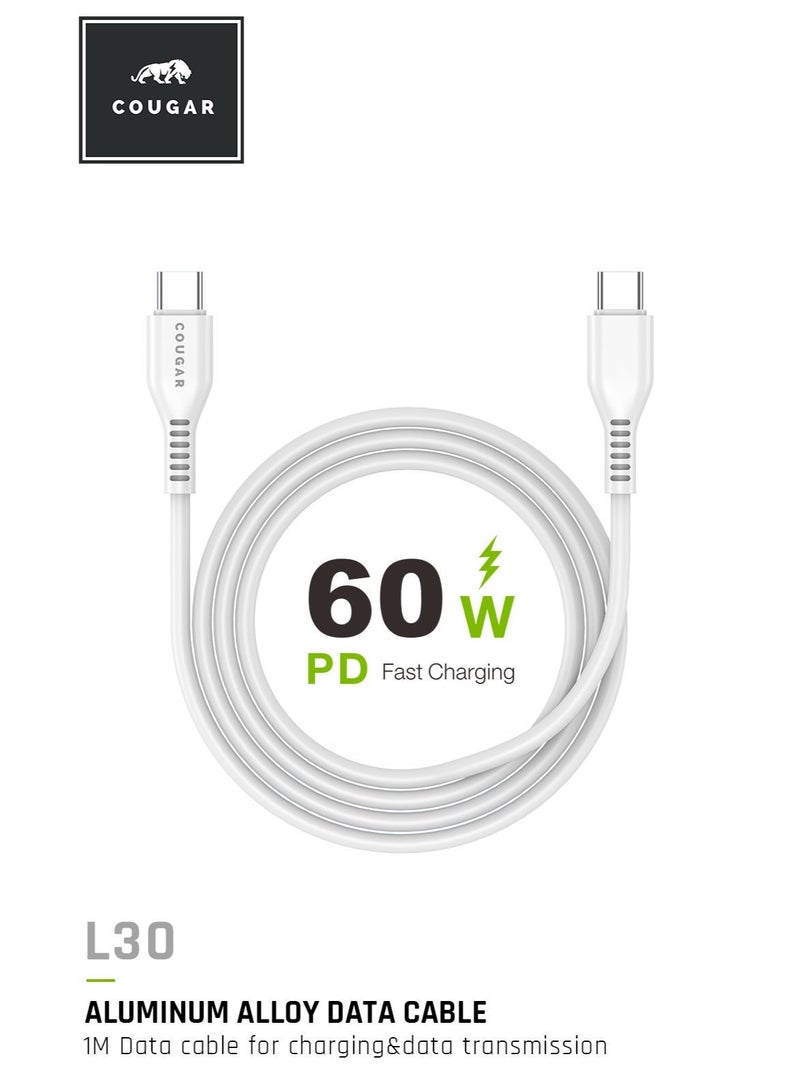 Cougar 60W  Type C to Type C Cable, PD Type C Fast Charging and Data Transfer Cable with Smart Chip, Durable PVC Cable for Compatible Smartphones, Tablets and Laptops, 1m, White - Image 2