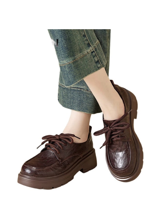 YEARCON Thick-Soled Small Leather Shoes Women'S Autumn New British Style Lace-Up Single Shoes Flat Loafers 26201W Brown 38 - Image 2