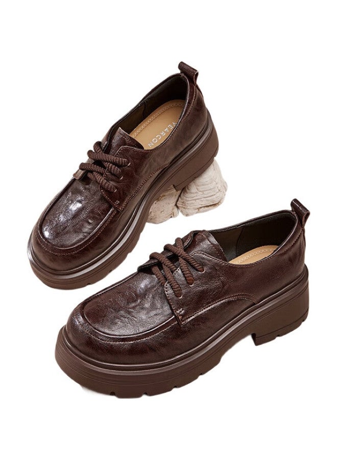 YEARCON Thick-Soled Small Leather Shoes Women'S Autumn New British Style Lace-Up Single Shoes Flat Loafers 26201W Brown 38 - Image 1