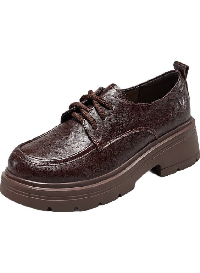 YEARCON Thick-Soled Small Leather Shoes Women'S Autumn New British Style Lace-Up Single Shoes Flat Loafers 26201W Brown 38 - Image 3