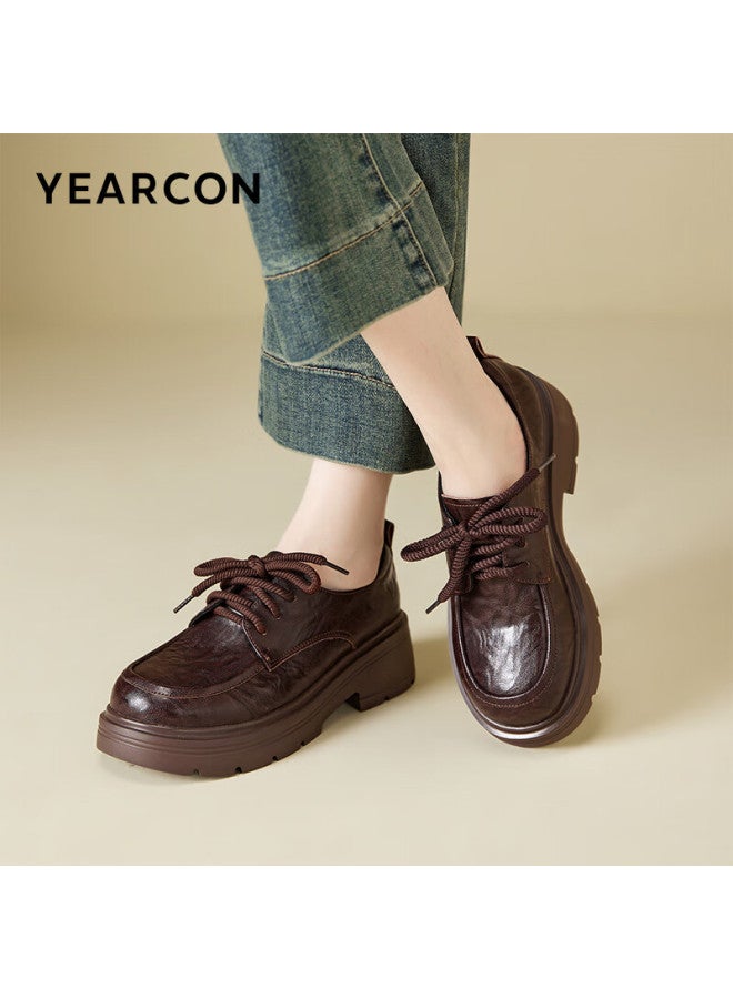 YEARCON Yierkang Thick-soled Small Leather Shoes Women's Autumn New British Style Lace-up Single Shoes Flat Loafers 26201w Brown 38 - Image 2