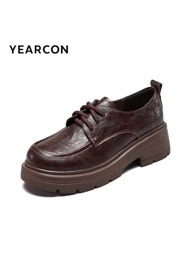 YEARCON Yierkang Thick-soled Small Leather Shoes Women's Autumn New British Style Lace-up Single Shoes Flat Loafers 26201w Brown 38 - Image 3