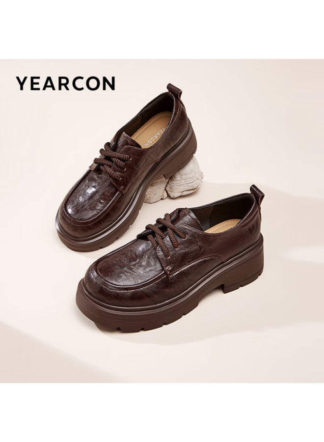 YEARCON Yierkang Thick-soled Small Leather Shoes Women's Autumn New British Style Lace-up Single Shoes Flat Loafers 26201w Brown 38 - Image 1