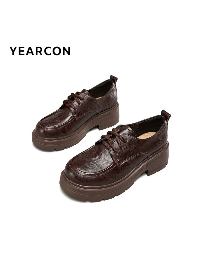 YEARCON Yierkang Thick-soled Small Leather Shoes Women's Autumn New British Style Lace-up Single Shoes Flat Loafers 26201w Brown 38 - Image 4