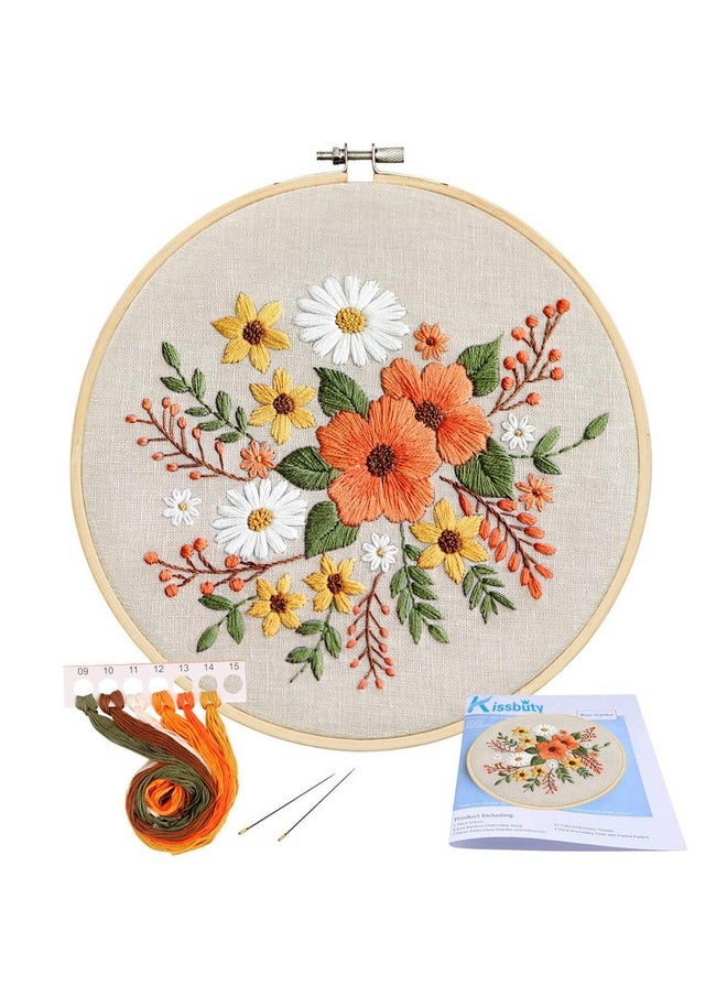 Kissbuty Embroidery Starter Kit With Pattern Bamboo Hoop Color Threads Flaxen Fabric (Floral Design Kid Art Craft Kit)  - Image 1