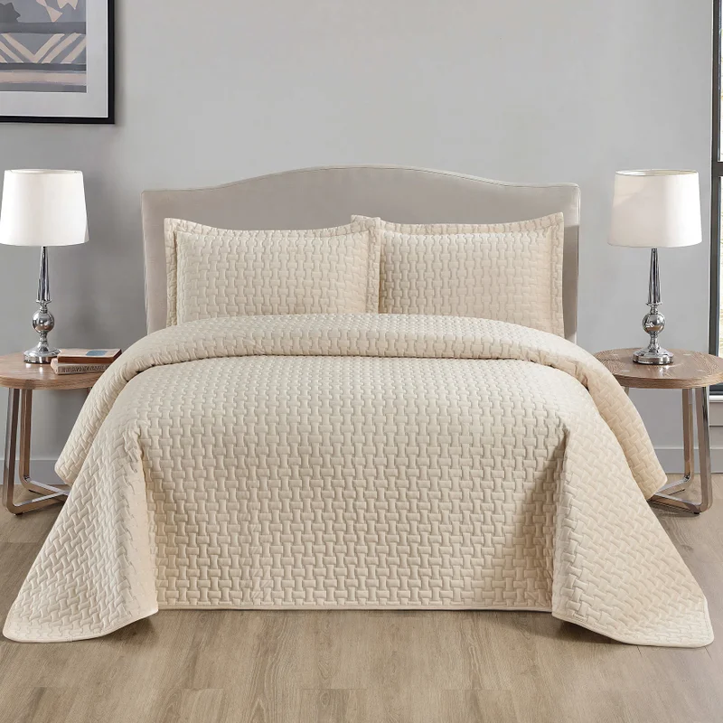 يسكن Dwell-Caylene Bedspread - 3 Pc Set-Bedspread 260 x 240 CM Pillow case 50 x 80 CM-Beige