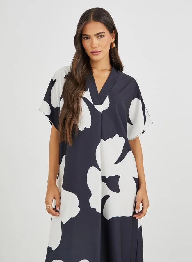 Styli Floral Print Batwing Sleeve V-Neck Maxi Dress