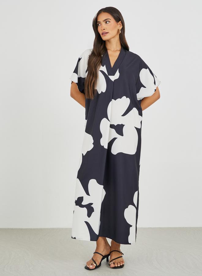 Styli Floral Print Batwing Sleeve V-Neck Maxi Dress - Image 1