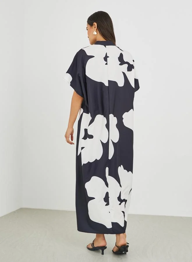Styli Floral Print Batwing Sleeve V-Neck Maxi Dress