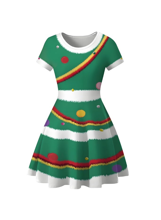 Loquat Women's Short Sleeve Printed Costume Dress Christmas Elements Dress - Image 3