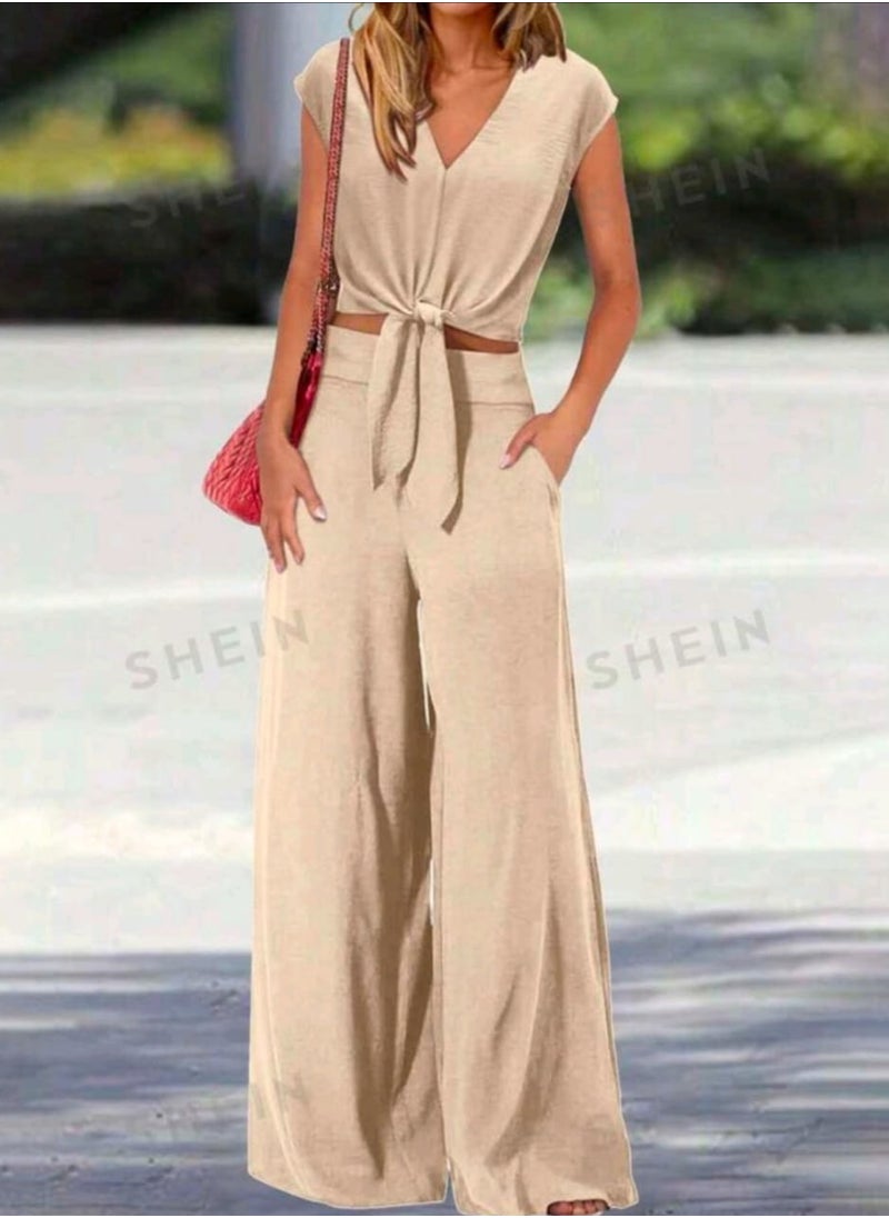Shein SHEIN Two-Piece Women Set With V Neck Crop Top And Pants  - Image 1