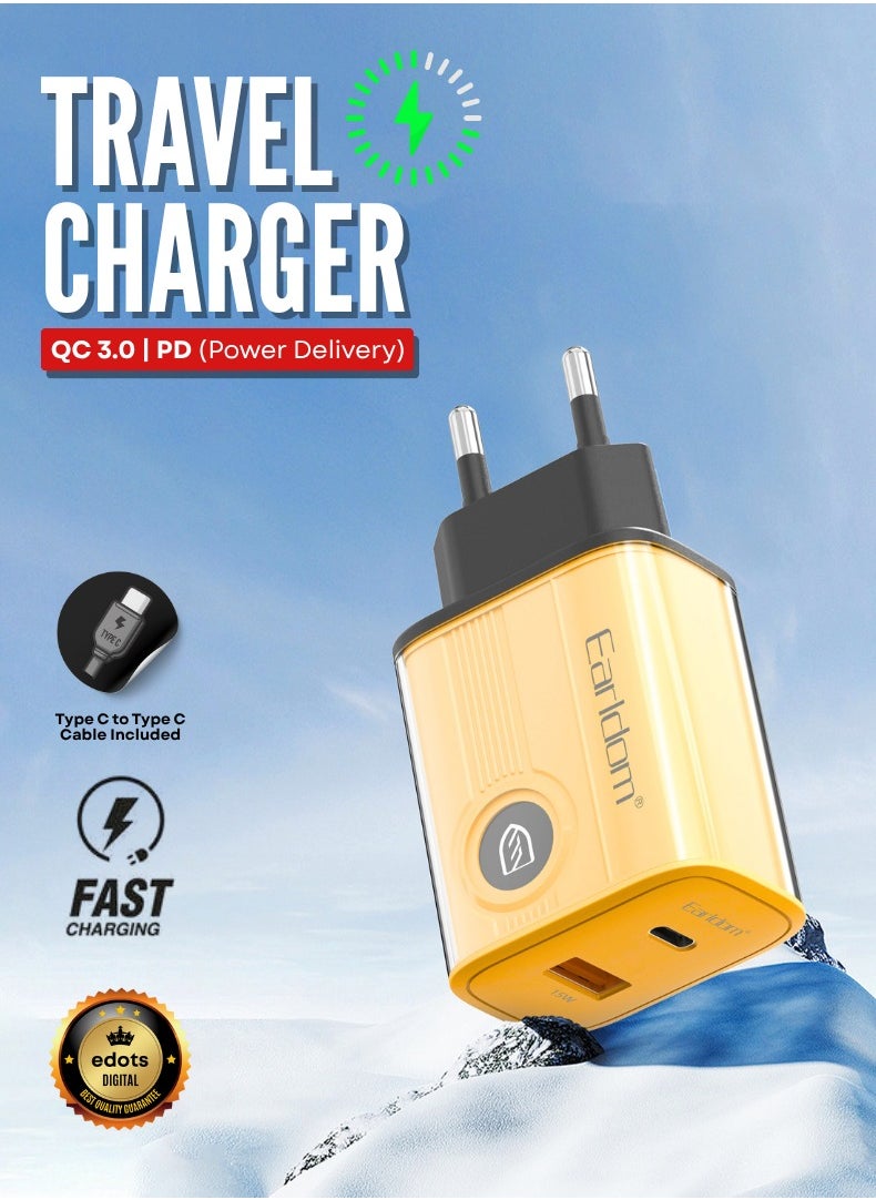 Earldom 20W 2pin Fast Charger – QC3.0 + PD Dual Port | 6 Months Warranty | Type-C to Type-C Cable | EU Plug  - Image 1
