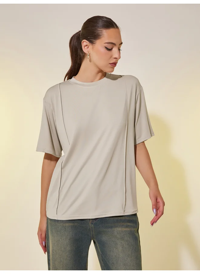 تايك تو Take Two Plain Round Neck Oversized T-Shirt with Pintuck