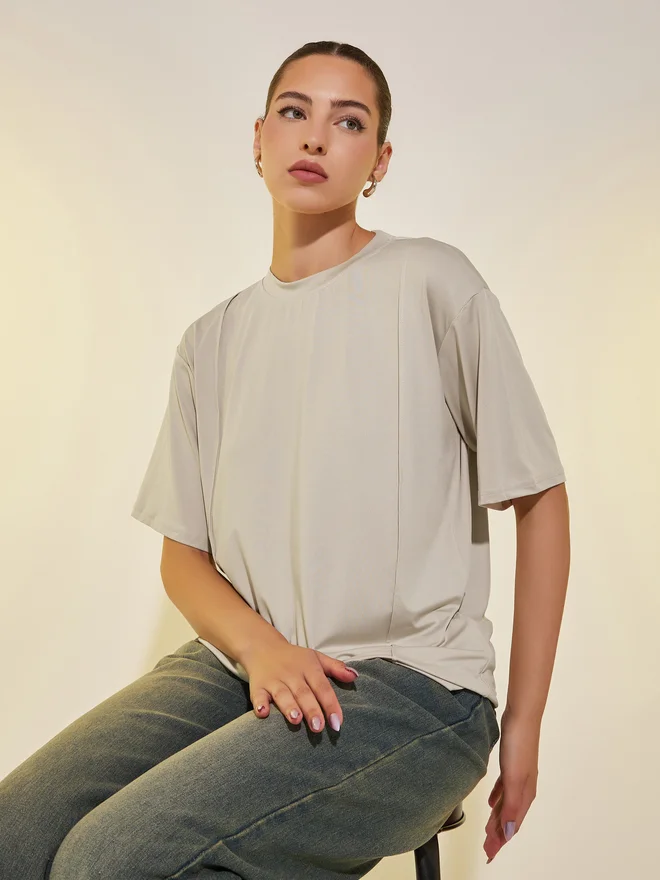Take Two Take Two Plain Round Neck Oversized T-Shirt with Pintuck
