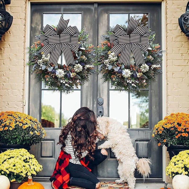 Hongsome 2 Pack Black White Stripe Halloween Fall Bows for Wreaths,12â€x9.4â€Black and White Christmas Decorations Bow for Gift Wrapping Tree Topper Wedding Holiday Birthday Party Wall Home Front Door - Image 5