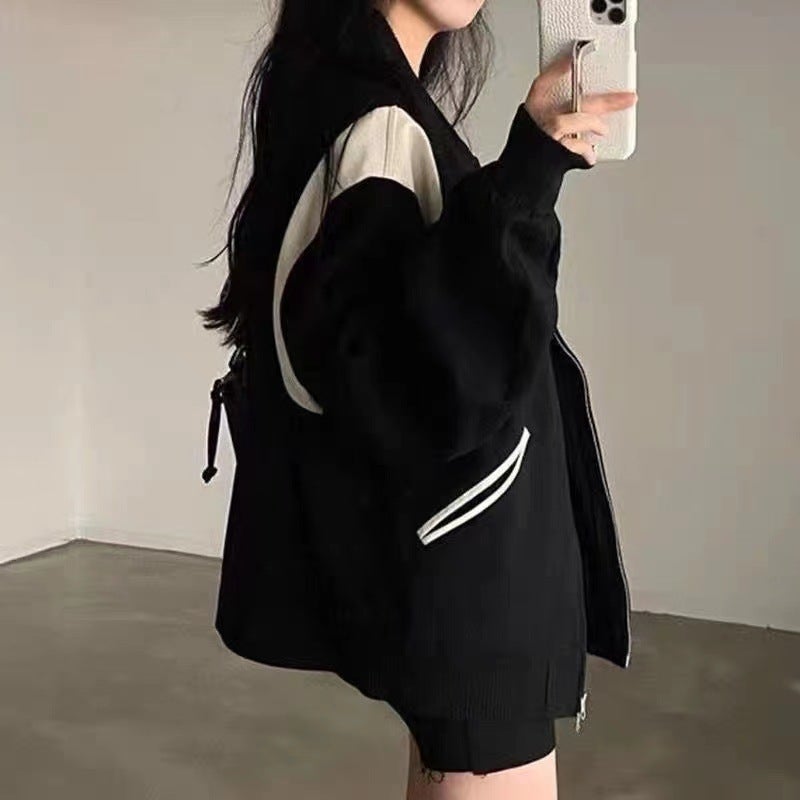 fleece-lined Thin Jacket Loose Contrast Color Student 2024 New Korean American Street Cardigan Womens Baseball Clothes Black (thin) 