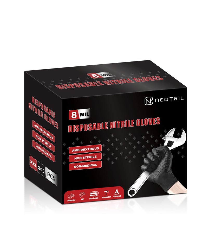 NEOTRIL 8 Mil Heavy Duty Disposable Nitrile Gloves with Raised Diamond Texture Grip Rubber Gloves, Latex & Powder Free Mechanic Gloves for Household Cleaning, Black | 200 Pcs - Image 1